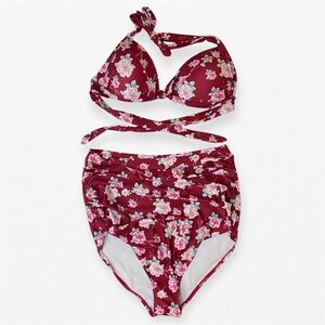 Red Floral Bikini Set halter top and high-waist bottoms plus size 2XL
